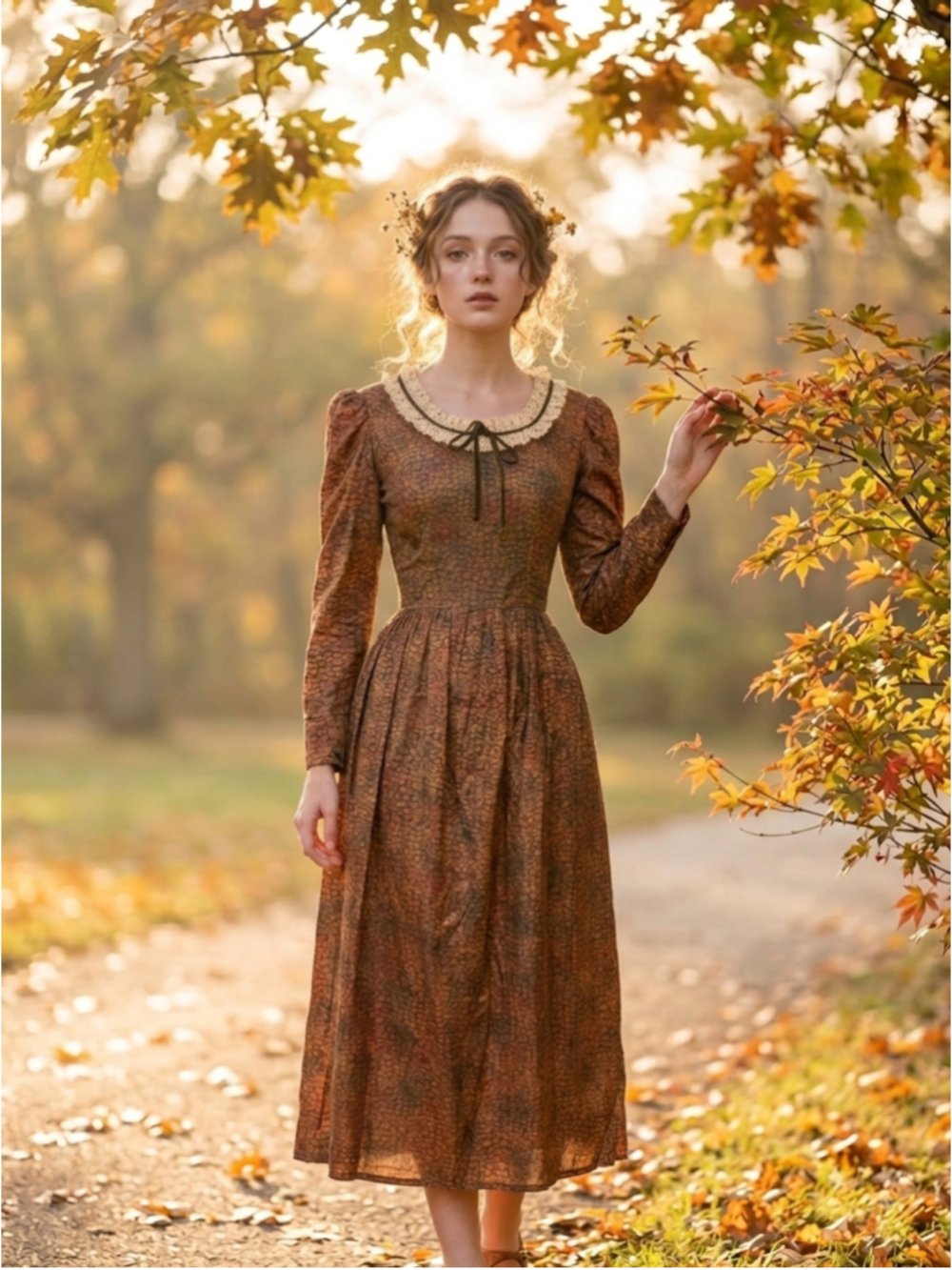 Vintage 1970s Handmade Prairie Maxi Dress Lace Collar XS